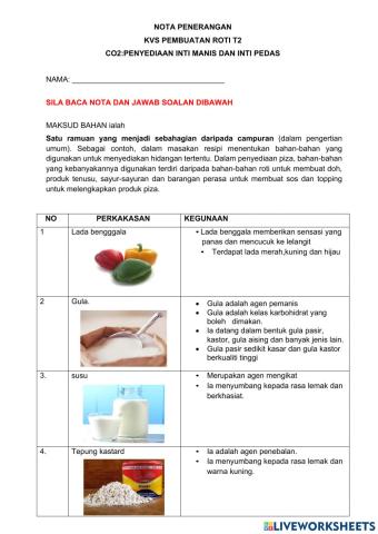 Bahan penyediaan inti manis dan pedas