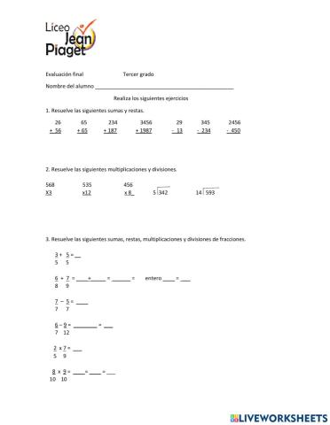 Evaluacion de matemáticas 3°