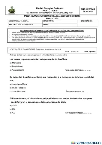 Taller segundo quimestre filosofía primero bgu