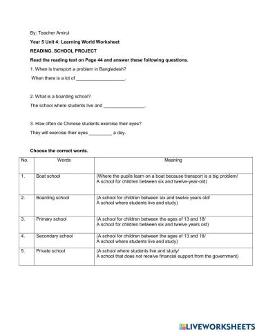 Year 5 Unit 4 Learning World Worksheet Reading project