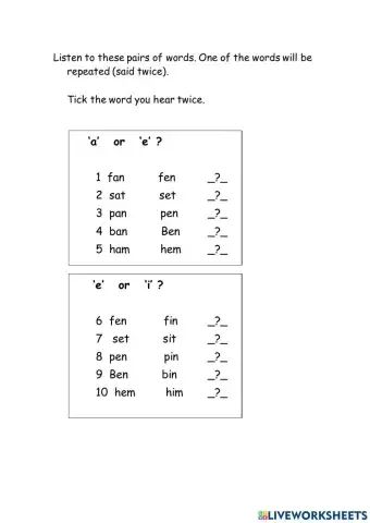 Listen to short vowel sounds a, e and i