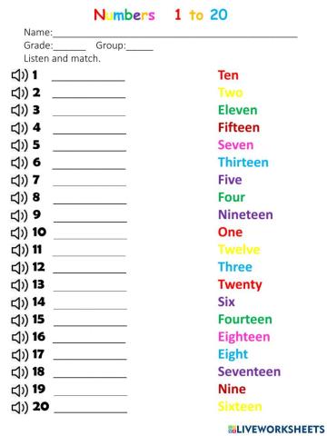 Numbers 1 to 20