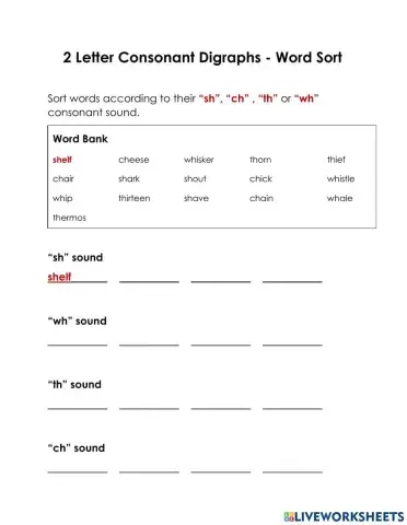 English word sort WH, SH, TH, CH