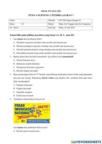LKPD Evaluasi Kelas 5 Tema 9 Subtema 3 Pembelajaran 1