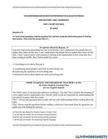 Part 1 and part 3 spm cefr reading paper worksheet