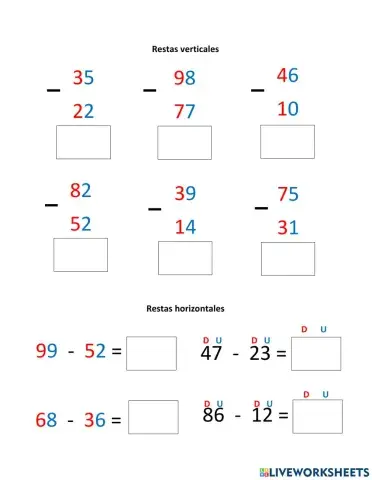 Ficha de restas verticales y horizontales