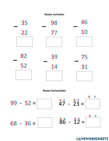 Ficha de restas verticales y horizontales