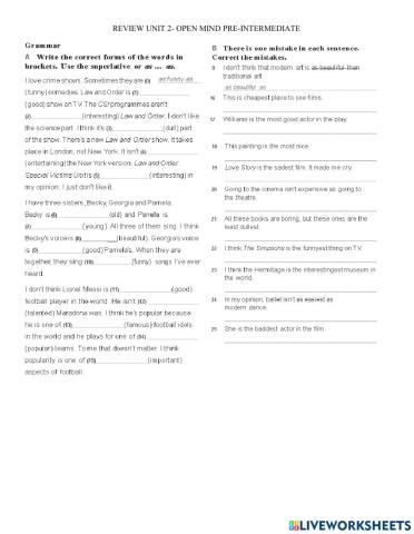 Open Mind Pre- Intermediate review unit 2