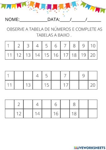 Complete a tabela numerica