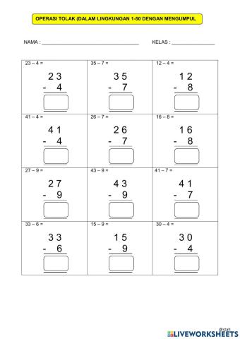 Operasi tolak (1-50 dengan mengumpul semula)