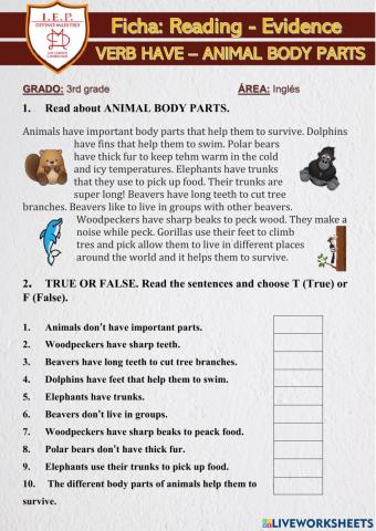 Reading evidence verb have animal body parts
