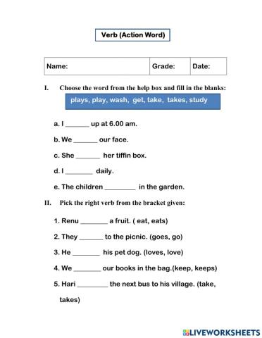 VERB Worksheet
