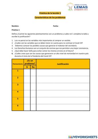 Práctica 1 Lección 1 Características de los problemas
