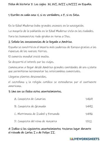 Ficha de historia 7: Los siglos  XV, XVI, XVII y XVIII en España.
