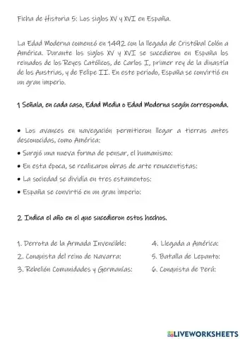 Ficha de Historia 5: Los siglos XV y XVI en España.