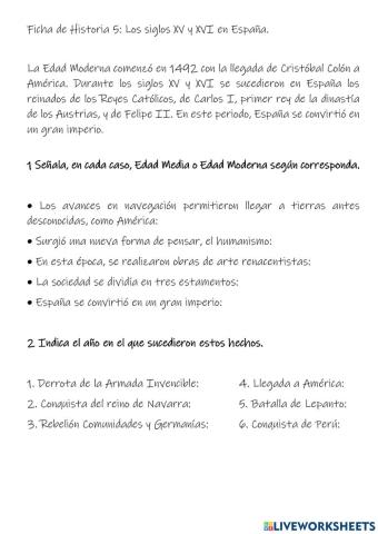 Ficha de Historia 5: Los siglos XV y XVI en España.