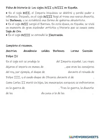 Ficha de historia 6: Los siglos XVII y XVIII en España.