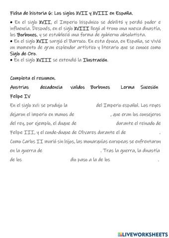 Ficha de historia 6: Los siglos XVII y XVIII en España.