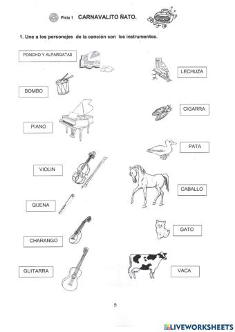 Unir los personajes de la canción con los instrumentos