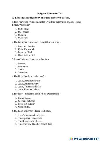 Religious Education Test T3A2