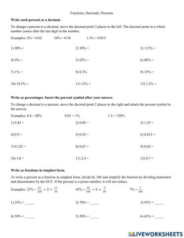 Decimals, Fractions, Percents