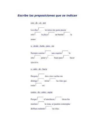 Hoja de trabajo de las preposiciones