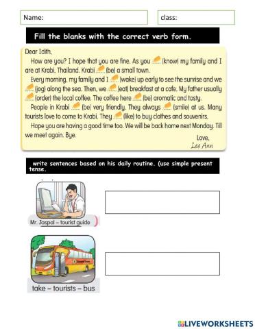 English year six text book page 49 simple present tense, grammar