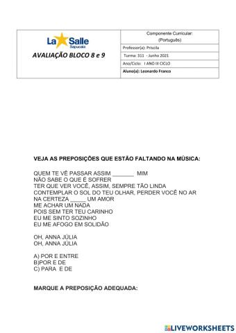 Avaliação português bloco 8 e 9