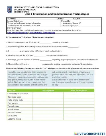 Practice 2: Vocabulary for technology, possessive pronouns and reading