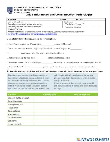 Practice 2: Vocabulary for technology, possessive pronouns and reading