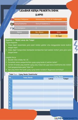 LKPD Kelas 3 - Tema  8 Subtema 1 Pembelajaran 5