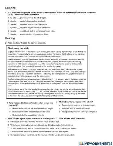 Reading and Listening : extreme sports