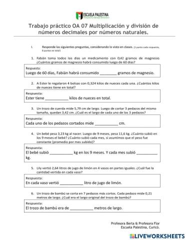 Trabajo práctico 7mo básico, Multiplicación y división de números decimales por números naturales