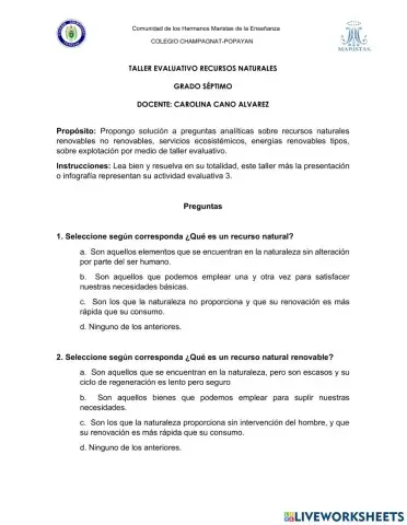 Taller evaluativo recursos naturales