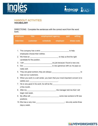 Vocabulary Handout Lesson 6