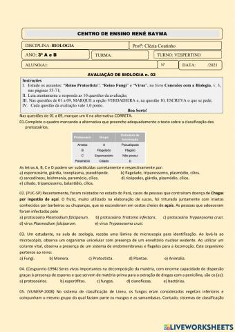 Avaliação de biologia 3 ano