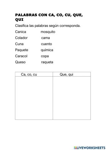 palabras con ca, co, cu, que, qui