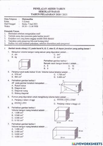 PAT MTK kelas 5 SENIN, 7 JUNI 2021