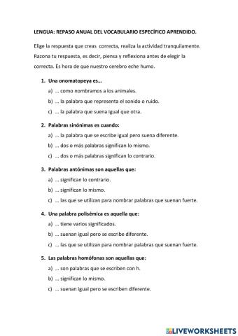 Vocabulario específico del área de Lengua