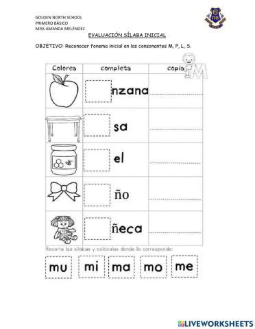 Selecciona la imagen que inicia con la sílaba señalada.