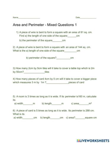 Area and Perimeter - Mixed Questions 1