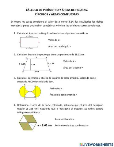 Cálculo de Perímetros y Áreas de figuras y círculos combinados