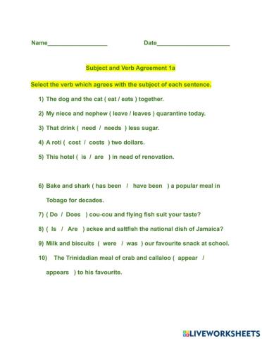 Subject and Verb Agreement 1a