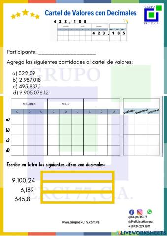 Cartel de Valores con Decimales