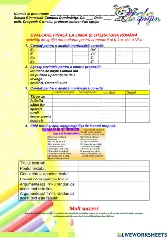 Evaluare finală semestrială, Lb Romana, cls VI, sem II