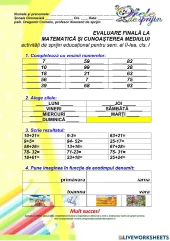 Evaluare finală semestrială, Matematică, cls I, sem II