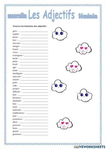 Les Adjetifs - la forme féminine - feuille 1