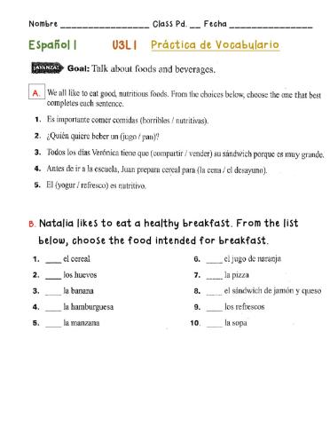 U3L1 Vocab,Practice - Food - Beverages
