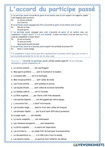 Accord du participe passé - feuille d'exercice 1