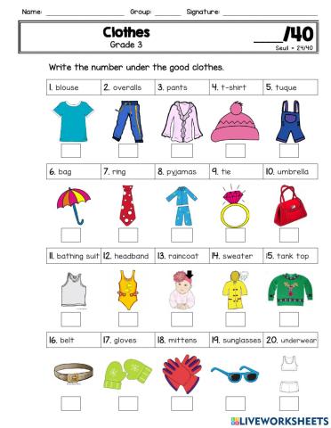 Clothes - Grade 3 - Test